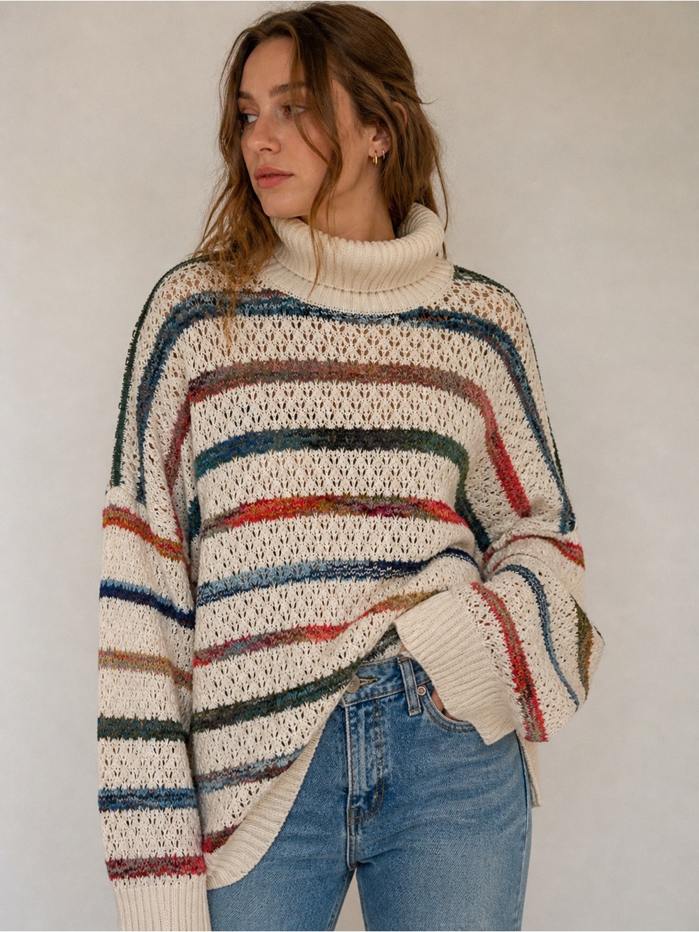 Peruvian Connection Striped Cotton Knit Turtleneck Sweater XXL Oversized